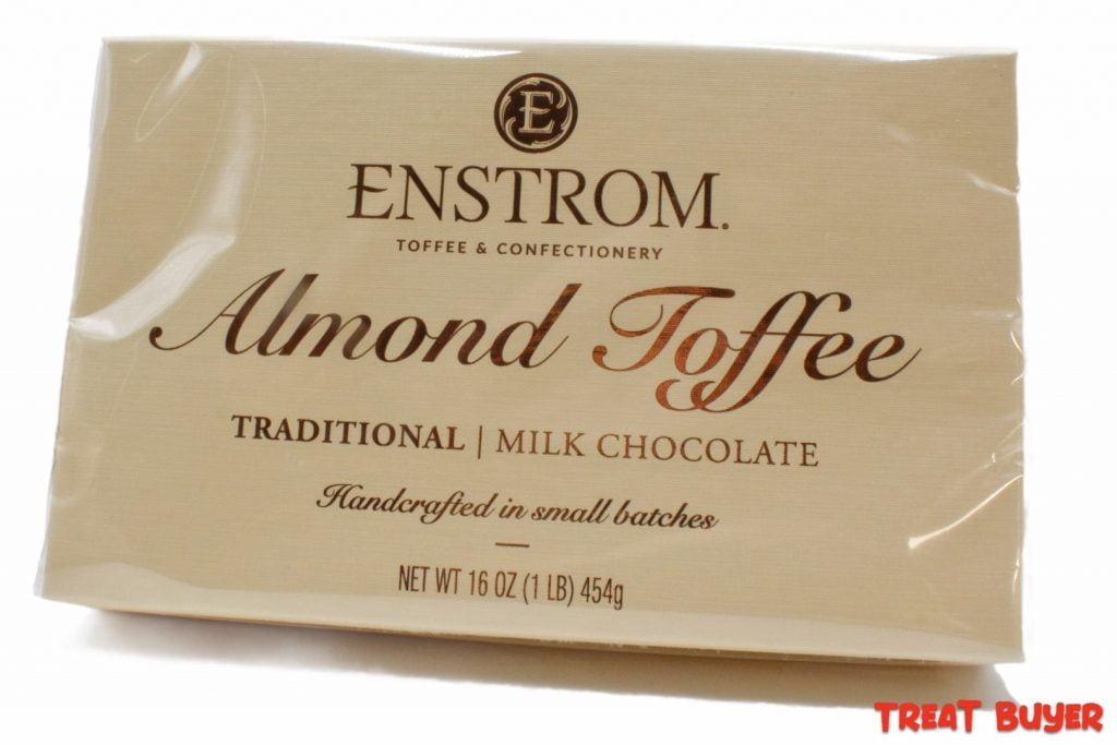 Review Enstrom Milk Chocolate Almond Toffee box front cellophane