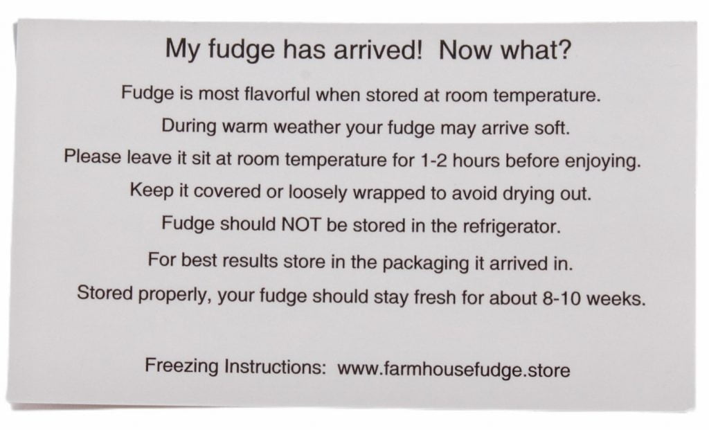 Instruction card included in the fudge box